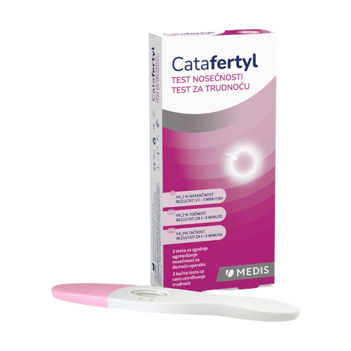 Catafertyl test za trudnoću 2 komada - jednostavan je za upotrebu i radi otkrivanjem povišenih razina humanog korionskog gonadotropina (hCG) u urinu.