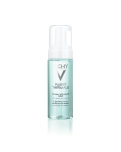 Vichy PURETÉ THERMALE Pjena za čišćenje osjetljive kože lica, 150 ml - Zeleno bijela bočica s pumpicom na bijeloj pozadini.