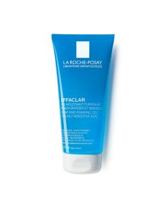 La Roche-Posay EFFACLAR Pjenušavi gel za čišćenje lica 200 ml - nježno čisti masnu kožu, bez isušujućeg efekta zahvaljujući nježnim djelatnim tvarima. Plavo bijela tuba na bijeloj pozadini.