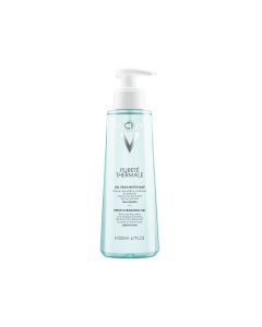 Vichy PURETE THERMALE Svježi gel za čišćenje osjetljive kože lica 200 ml - bijelo zelena bočica s pumpicom na bijeloj pozadini.