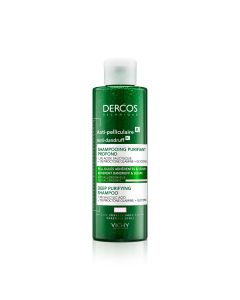 Vichy DERCOS Piling šampon za dubinsko čišćenje protiv prianjajuće prhuti i sebuma, 200 ml - bijelo zelena bočica na bijeloj pozadini.