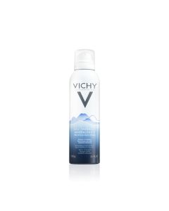 Vichy Mineralizirana termalna voda u spreju 150 ml - Bogata je jedinstvenim spojem više od 15 blagotvornih i dragocjenih minerala. Plavo bijela bočica s sprejom na bijeloj pozadini.