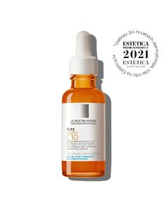 La Roche-Posay Pure Vitamin C10 serum 30 ml - obnavljajući serum protiv bora. Sadrži čisti vitamin C, salicilnu kiselinu i neurosensin za vraćanje potpunog sjaja. Bijelo narančasta bočica proizvoda na bijeloj pozadini.