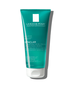 La Roche-Posay | EFFACLAR Pročišćavajući mikro-piling gel 200 ml - intenzivno čisti masnu kožu, dubinski odčepljuje pore i uklanja višak sebuma. Proizvod je u zeleno bijeloj tubi na bijeloj pozadini.