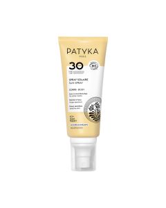 PATYKA SUN Sprej za zaštitu tijela SPF30 100 ml - učinkovito štiti čak i najosjetljiviju kožu od utjecaja sunca. Obogaćen čistom i prirodnom hijaluronskom kiselinom i organskom aloe verom. Žuto bijelo crna tuba proizvoda sa špricom na bijeloj pozadini.