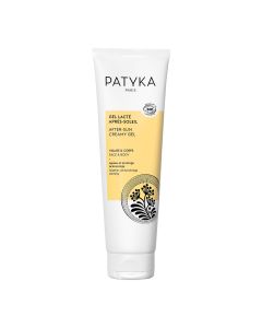 PATYKA AFTER SUN Kremasti gel za lice i tijelo 150 ml - njegova tekuća i lagana tekstura brzo se upija i pruža trenutačni osjećaj svježine. Visoko učinkovita formula bogata biljnim Bisabololom. Bijelo žuto crna tuba proizvoda na bijeloj pozadini.