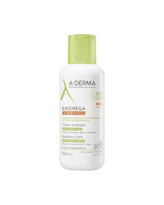 A-DERMA EXOMEGA CONTROL emolijentna krema 400 ml - emolijentna krema za njegu atopiji sklone, suhe kože koja svrbi, za lice i tijelo. Novorođenčad, djeca, odrasli. Bijelo zelena boca na bijeloj pozadini.