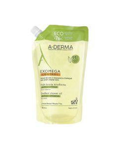 A-DERMA EXOMEGA CONTROL emolijentno ulje za tuširanje REFILL 500 ml - nježno čisti, hrani i umiruje suhu kožu sklonu atopijskom ekcemu. Za cijelu obitelj. Zeleno bijela vrećica na bijeloj pozadini.