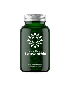 Algalif Astaxanthin kapsule 60 komada - dodatak prehrani koji sadrži 4 mg astaksantina u jednog vegetarijanskoj celuloznoj kapsuli. Zeleno bijela bočica proizvoda sa srebrnim čepom na bijeloj pozadini.