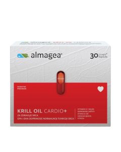 Almagea Krill Oil Cardio+ 30 kapsula - ulje krila bogat je prirodni izvor omega-3 masnih kiselina te sadrži višestruko bolje i lakše iskoristive omega-3 masne kiseline nego riblje ulje. Bijelo crvena kutija proizvoda na bijeloj pozadini.