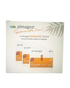 Almagea SUNLOVE SKIN+ 30x3 + kutija za kapsule - Tajna Sunlove Skin+ je u snažnom antioksidacijskom djelovanju koje štiti stanice od štetnog utjecaja slobodnih radikala. Prirodni astaksantin (6,6 mg), vitamin E, selen, koenzim Q10... Proizvod je bijelo žu