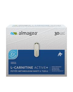 Almagea L-Carnitine Active+ 50 kapsula - L-Carnitine Active+ preporuča se kao potpora procesu poticanja metabolizma masti i makronutrijenata u tijelu. Bijelo plava kutija na bijeloj pozadini.