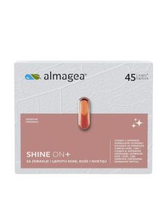 Almagea Shine On+ 45 kapsula - s patentiranom mješavinom sastojaka Keranat™ i SkinAx2 ™ koji uz ostale vitamine i minerale doprinose zdravlju i ljepoti kose, kože i noktiju.