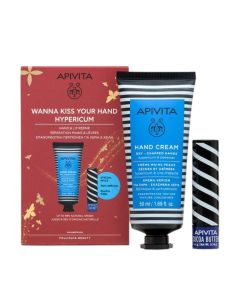 Apivita SET 2022 krema ruke Gospina trava 50 ml + lip balm kakao maslac 4,4 g - set za zimske dane "Wanna kiss your hand hypericum" - crvena kutija i crno plava tuba i stik na bijeloj pozadini.
