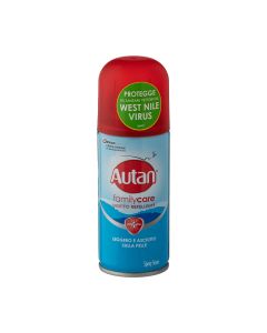 Autan family care suhi sprej za zaštitu od komaraca 100 ml - Suhi sprej štiti od komaraca do 4 sata. Ovo učinkovito i nježno sredstvo se ne osjeća na koži zahvaljujući svojoj laganoj i suhoj formuli. Crveno plava bočica sa špricom na bijeloj pozadini.
