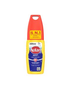 Autan Sport losion protiv uboda komaraca 100 ml - repelentsko sredstvo koje pruža zaštitu od komaraca do 8 sati, čak i prilikom znojenja i prisutnosti vlage. Žuto crveno plava bočica na bijeloj pozadini.
