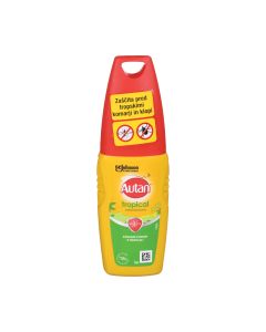 Autan Tropical losion u spreju 100 ml Autan® - losion idealan je osobe koje duže borave u prirodi te za osobe koje putuju u tropske krajeve. Štiti od običnih i tropskih komaraca do 8 sati. Žuto crvena bočica sa špricom na bijeloj pozadini.