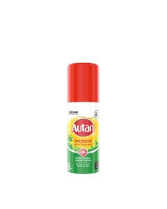 Autan Tropical repelentni sprej 50 ml - sprej zahvaljujući praktičnom obliku idealan je za svaku torbu. Ovaj sprej štiti od običnih, tropskih i tigrastih komaraca do 8 sati. Crveno bijelo žuto zelena bočica sa špricom na bijeloj pozadini.