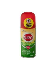 Autan Tropical suhi sprej za zaštitu od komaraca i krpelja 100 ml - idealan je za osobe koje duže borave u prirodi te za posjete tropskim krajevima. Ovaj suhi sprej štiti od komaraca i krpelja. Crveno žuto zelena bočica sa špricom na bijeloj pozadini.