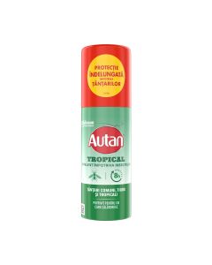 Autan Tropical repelentni sprej 50 ml - sprej zahvaljujući praktičnom obliku idealan je za svaku torbu. Ovaj sprej štiti od običnih, tropskih i tigrastih komaraca do 8 sati. Crveno bijelo žuto zelena bočica sa špricom na bijeloj pozadini.