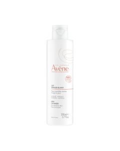 Avène Mlijeko za čišćenje 200 ml - smanjuje osjećaj nelagode, a uklanjanje šminke postaje trenutak užitka u jednom jednostavnom i brzom koraku, s nemasnim završnim slojem. Bijelo narančasta bočica proizvoda na bijeloj pozadini.