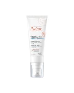 Avène Tolérance Hydra 10 fluid 40 ml - 100% prirodan hidratizirajući fluid visoke tolerancije za normalnu do mješovitu dehidriranu kožu, prikladan je za odrasle, djecu i bebe. Bijelo narančasta tuba s pumpicom na bijeloj pozadini.