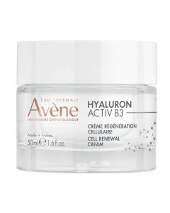 Avène HYALURON ACTIV B3 krema za obnovu stanica 50 ml - koža je zategnuta, zaglađena i blistava već nakon prvog nanošenja. Bijela posudica kreme na bijeloj pozadini.