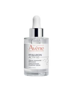 Avène HYALURON ACTIV B3 koncentrirani serum 30 ml - s 1,5% čiste hijaluronske kiseline i 6% niacinamida, za djelovanje na uzrok starenja. Koža je čvršća, bore su smanjene. Bijelo narančasta bočica s pumpicom na bijeloj pozadini.