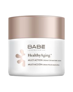 BABÉ HealthyAging+ anti-age krema za zrelu kožu 50 ml - djeluje na sve vidljive znakove starenja: bore, opuštenost, gubitak volumena, gubitak blistavosti, gubitak hranjivih tvari. Bijelo smeđa posudica kreme na bijeloj pozadini.