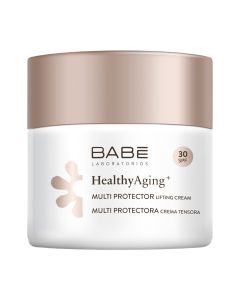 BABÉ HealthyAging+ anti-age bogata dnevna krema SPF30 50 ml - anti-age bogata dnevna krema sa zaštitom od sunca SPF30 daje koži maksimalnu hidrataciju i hranjivost tijekom cijelog dana. Smeđe bijela posudica kreme na bijeloj pozadini.