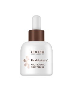 BABÉ HealthyAging+ Noćni anti-age peeling 30 ml - peeling s retinolom i bakuchiolom smanjuje bore, nepravilnosti i tamne točke, obnavljajući prirodnu ljepotu kože. Bijelo smeđa bočica s pipetom na bijeloj pozadini.