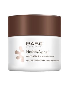 BABÉ HealthyAging+ Obnavljajuća noćna krema 50 ml - anti-age noćna obnavljajuća krema ispunjava, stimulira i štiti kožu od procesa starenja. Bijelo smeđa posudica kreme na bijeloj pozadini.