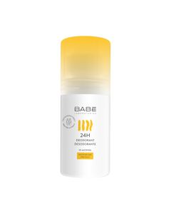 BABÉ 24H Roll-on deodorant 50 ml - Formulirano s kompleksom protiv neugodnih mirisa koji aktivno neutralizira miris tijela, dopuštajući koži da prirodno diše. Bijelo narančasta bočica proizvoda na bijeloj pozadini.