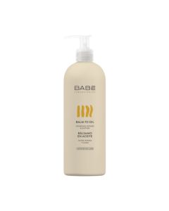 BABÉ Balm to Oil 500 ml - nudi jedinstveno osjetilno iskustvo svojom kremastom teksturom koja se pretvara u ulje kada se umasira u kožu, za suhu kožu ili sklonu atopiji. Smeđa boca s pumpicom na bijeloj pozadini.