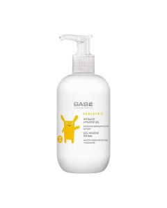 BABÉ Pediatric Gel za intimnu higijenu 200 ml - Pruža iznimno nježnu higijenu koja dubinski čisti bez oštećenja kože i štiti prirodni pH područja. Bijelo narančasta boca s pumpicom na bijeloj pozadini.