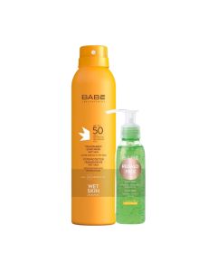 BABÉ Sun Transparent WetSkin SPF50 200 ml + poklon Aloe Vera Gel 90 ml - set sa zaštitom od sunca i njegom nakon sunčanja.