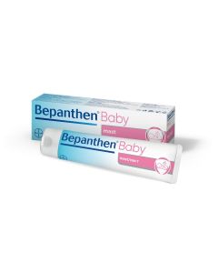 BAYER BEPANTHOL BABY mast 30g - nježna je mast s pantenolom za njegu kože u pelenskom području. Posebno je razvijena za zaštitu nježne dječje kože od uzroka crvenila u pelenskom području. Proizvod je u bijelo plavoj tubi i kutija proizvoda iza njega. 