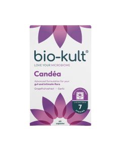 Bio-Kult Candea kapsule A60 - znanstveno razvijena za ciljano djelovanje na vašu intimnu floru, kao i na vaša crijeva. Ljubičasto bijela kutija proizvoda na bijeloj pozadini.