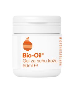 Bio Oil Gel za suhu kožu - gel za suhu kožu je nova generacija tretmana za suhu kožu. Bijelo narančasta posudica proizvoda na bijeloj pozadini.