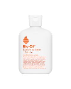 Bio-Oil Losion 175 ml - hidratantni losion za tijelo, formuliran je za hidrataciju i obnavljanje suhe kože, pomaže u održavanju prirodne ravnoteže vlažnosti kože. Bijelo narančasta boca proizvoda na bijeloj pozadini.
