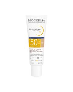 Bioderma Photoderm M SPF50+ svijetla nijansa -  krema je zaštita od sunca za kožu sklonu hiperpigmentaciji koja pruža visoku zaštitu od UVA/UVB zraka i plave svjetlosti. Proizvod je u bijelo žutoj tubi na bijeloj pozadini.