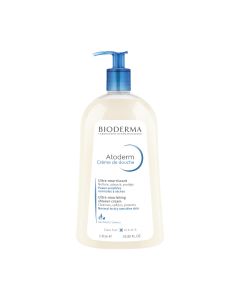 Bioderma Atoderm krema za tuširanje 1 L - dnevna hranjiva i zaštitna higijena koja sprječava isušivanje kože za cijelu obitelj, može se koristiti kod novorođenčadi. Bijelo plava boca s pumpicom na bijeloj pozadini.