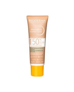 Bioderma PHOTODERM COVER TOUCH SPF50 tamna nijansa - 100% mineralna krema za sunčanje za lice nudi vrlo visoku zaštitu. Proizvod je u smeđoj tubi na bijeloj pozadini.