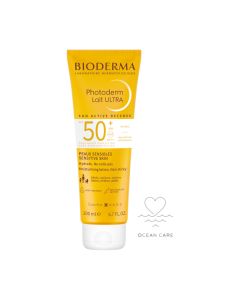 Bioderma Photoderm Lait ULTRA SPF50+ mlijeko - Photoderm Lait ULTRA SPF50+ rezultat je najnovijeg istraživanja Laboratoire Bioderma. Proizvod je u narančasto bijeloj tubi na bijeloj pozadini.