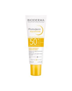 PHOTODERM MAX Aquafluide SPF 50+ bezbojni - je dnevna hidratantna i matirajuća krema za sunčanje koja jamči vrlo visoku UVA/UVB zaštitu. Proizvod je u bijelo žutoj tubi na bijeloj pozadini.