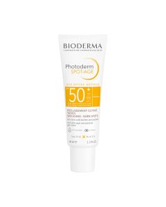 Bioderma Photoderm SPOT-AGE SPF50+  gel-krema sa vrlo visokom UVA i UVB zaštitom od sunca: sprječava i smanjuje pjege i znakove fotostarenja kože. Proizvod je u žuto bijeloj tubi na bijeloj pozadini.