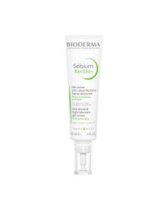 Bioderma SEBIUM Kerato+ gel krema za kožu sklonu nesavršenostima 30 ml - idealna njega protiv prištića, mitesera, akni i ožiljaka koja poštuje ravnotežu i udobnost kože. Proizvod u bijelo zelenoj tubi na bijeloj pozadini.