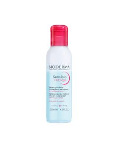 Bioderma Sensibio H2O eye - dvofazni micelarni odstranjivač make-upa koji nježno čisti osjetljive oči i usne, uklanja čak i najteži dugotrajni make up te nečistoće bez potrebe trljanja. Bijelo roza plava bočica proizvoda na bijeloj pozadini.