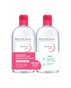 Bioderma SENSIBIO H2O micelarna voda DUO PAKIRANJE reciklirana ambalaža - osigurava nježno čišćenje i uklanjanje make upa s lica i očiju. Bijelo roze boce promotivnog paketa na bijeloj pozadini.
