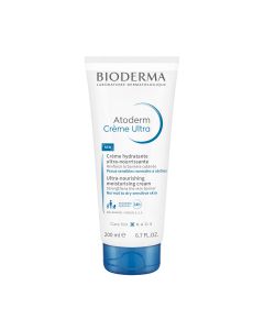 Bioderma Atoderm Ultra Krema 200 ml - pruža trenutačnu i dugotrajnu njegu i hidrataciju, uz povećanu učinkovitost za normalnu do suhu kožu, jača barijeru kože. Bijelo plava tuba proizvoda na bijeloj pozadini.